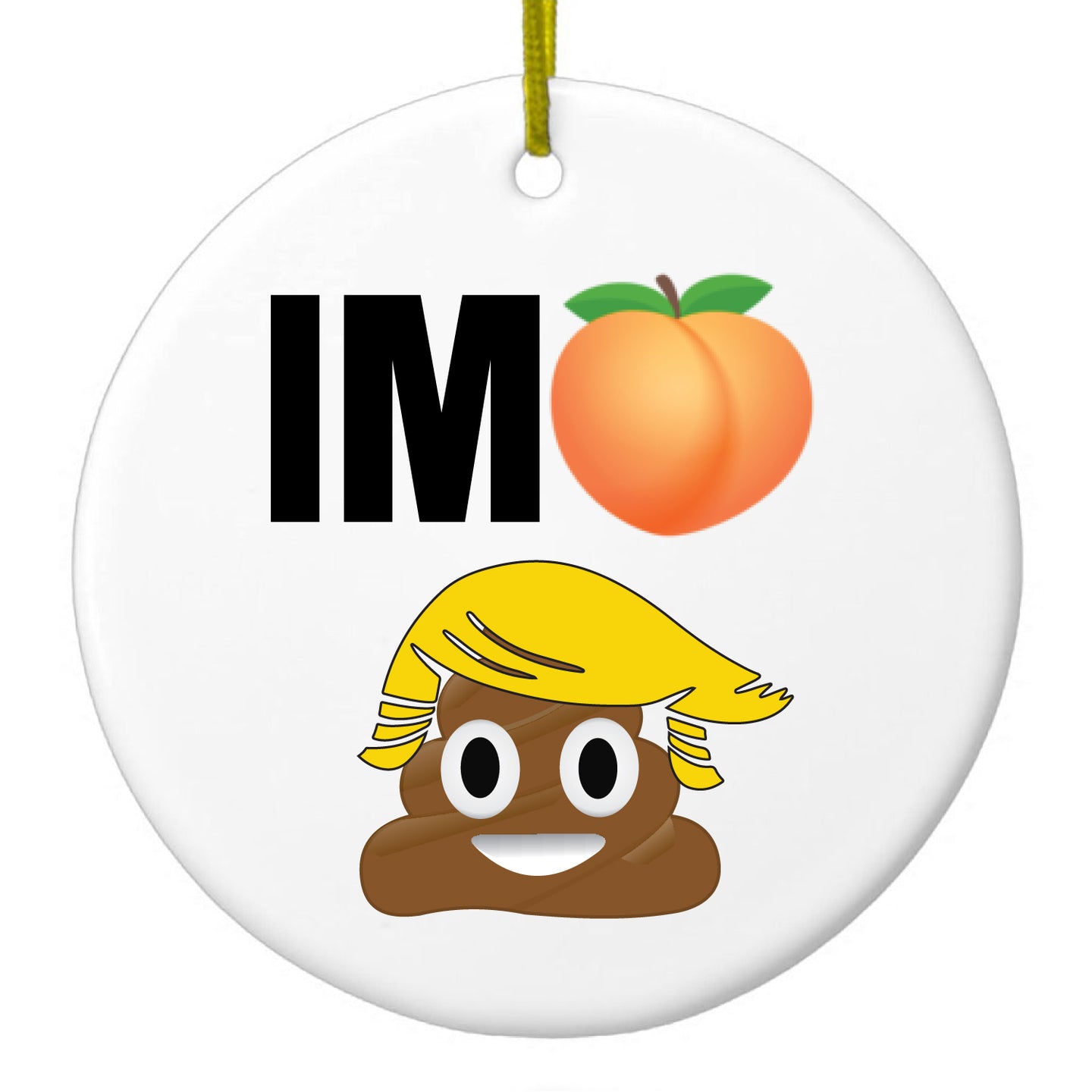 DistinctInk® Hanging Ceramic Christmas Tree Ornament with Gold String - Great Gift / Present - 2 3/4 inch Diameter - Impeach Trump Poop Emoji