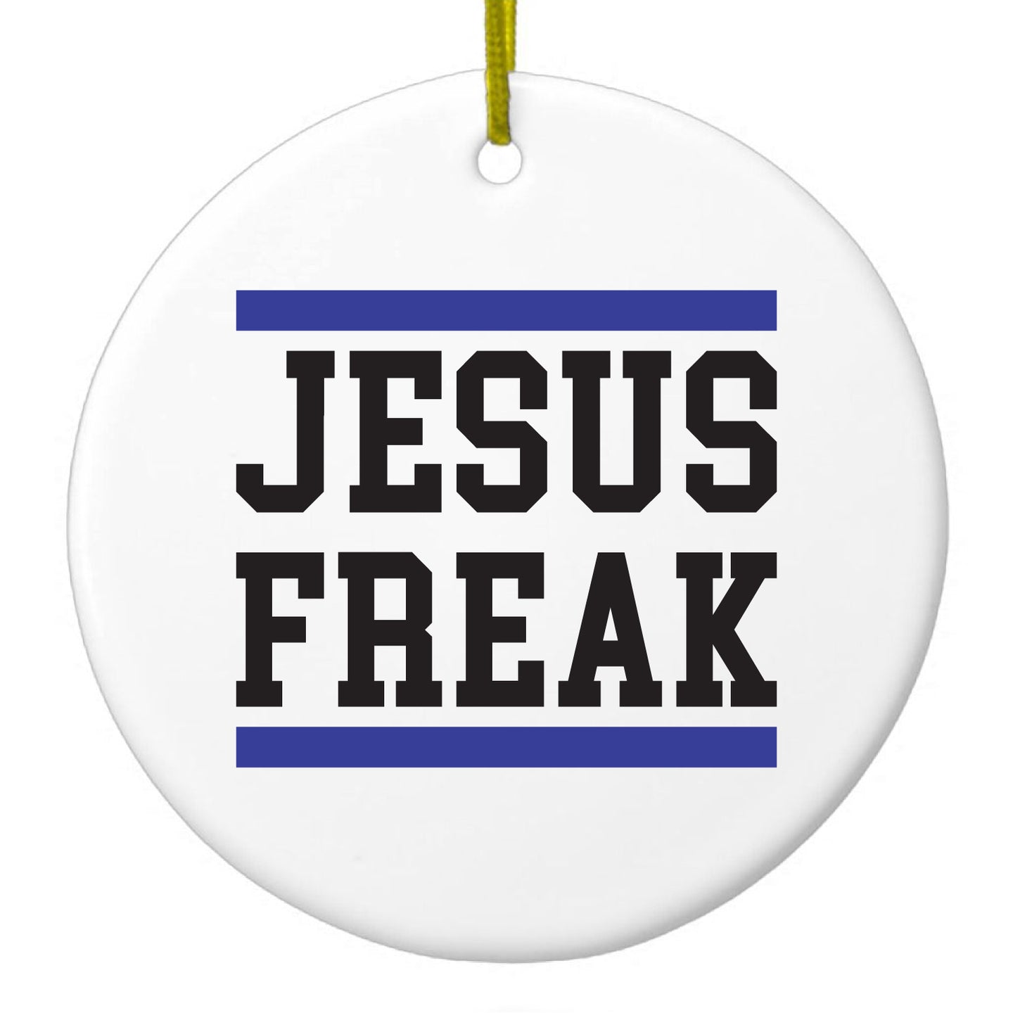DistinctInk® Hanging Ceramic Christmas Tree Ornament with Gold String - Great Gift / Present - 2 3/4 inch Diameter - Jesus Freak White Blue