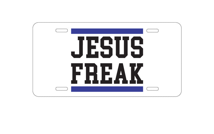 DistinctInk Custom Aluminum Decorative Vanity Front License Plate - Jesus Freak White Blue