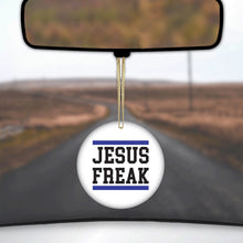 DistinctInk® Hanging Ceramic Christmas Tree Ornament with Gold String - Great Gift / Present - 2 3/4 inch Diameter - Jesus Freak White Blue