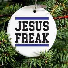 DistinctInk® Hanging Ceramic Christmas Tree Ornament with Gold String - Great Gift / Present - 2 3/4 inch Diameter - Jesus Freak White Blue