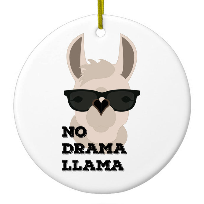 DistinctInk® Hanging Ceramic Christmas Tree Ornament with Gold String - Great Gift / Present - 2 3/4 inch Diameter - No Drama Llama Cartoon