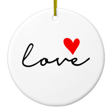 DistinctInk® Hanging Ceramic Christmas Tree Ornament with Gold String - Great Gift / Present - 2 3/4 inch Diameter - Love Heart Black & Red