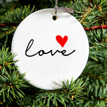 DistinctInk® Hanging Ceramic Christmas Tree Ornament with Gold String - Great Gift / Present - 2 3/4 inch Diameter - Love Heart Black & Red
