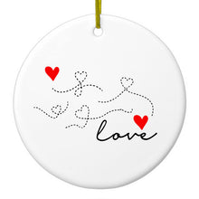 DistinctInk® Hanging Ceramic Christmas Tree Ornament with Gold String - Great Gift / Present - 2 3/4 inch Diameter - Love Heart Flourish Black & Red