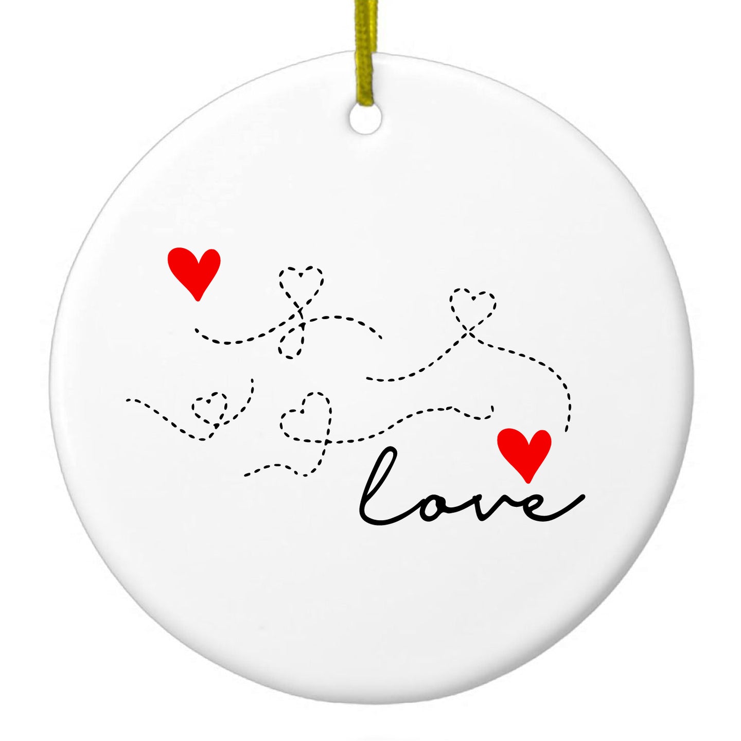 DistinctInk® Hanging Ceramic Christmas Tree Ornament with Gold String - Great Gift / Present - 2 3/4 inch Diameter - Love Heart Flourish Black & Red
