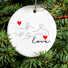 DistinctInk® Hanging Ceramic Christmas Tree Ornament with Gold String - Great Gift / Present - 2 3/4 inch Diameter - Love Heart Flourish Black & Red