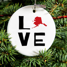 DistinctInk® Hanging Ceramic Christmas Tree Ornament with Gold String - Great Gift / Present - 2 3/4 inch Diameter - Alaska - Love Black & Red