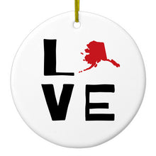DistinctInk® Hanging Ceramic Christmas Tree Ornament with Gold String - Great Gift / Present - 2 3/4 inch Diameter - Alaska - Love Black & Red