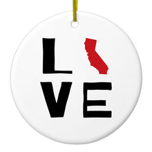 DistinctInk® Hanging Ceramic Christmas Tree Ornament with Gold String - Great Gift / Present - 2 3/4 inch Diameter - California - Love Black & Red