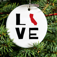 DistinctInk® Hanging Ceramic Christmas Tree Ornament with Gold String - Great Gift / Present - 2 3/4 inch Diameter - California - Love Black & Red