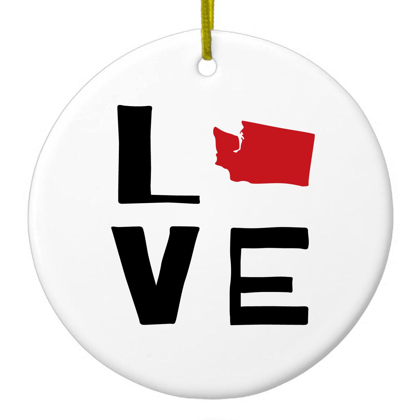 DistinctInk® Hanging Ceramic Christmas Tree Ornament with Gold String - Great Gift / Present - 2 3/4 inch Diameter - Washington - Love Black & Red