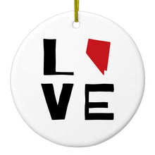 DistinctInk® Hanging Ceramic Christmas Tree Ornament with Gold String - Great Gift / Present - 2 3/4 inch Diameter - Nevada - Love Black & Red