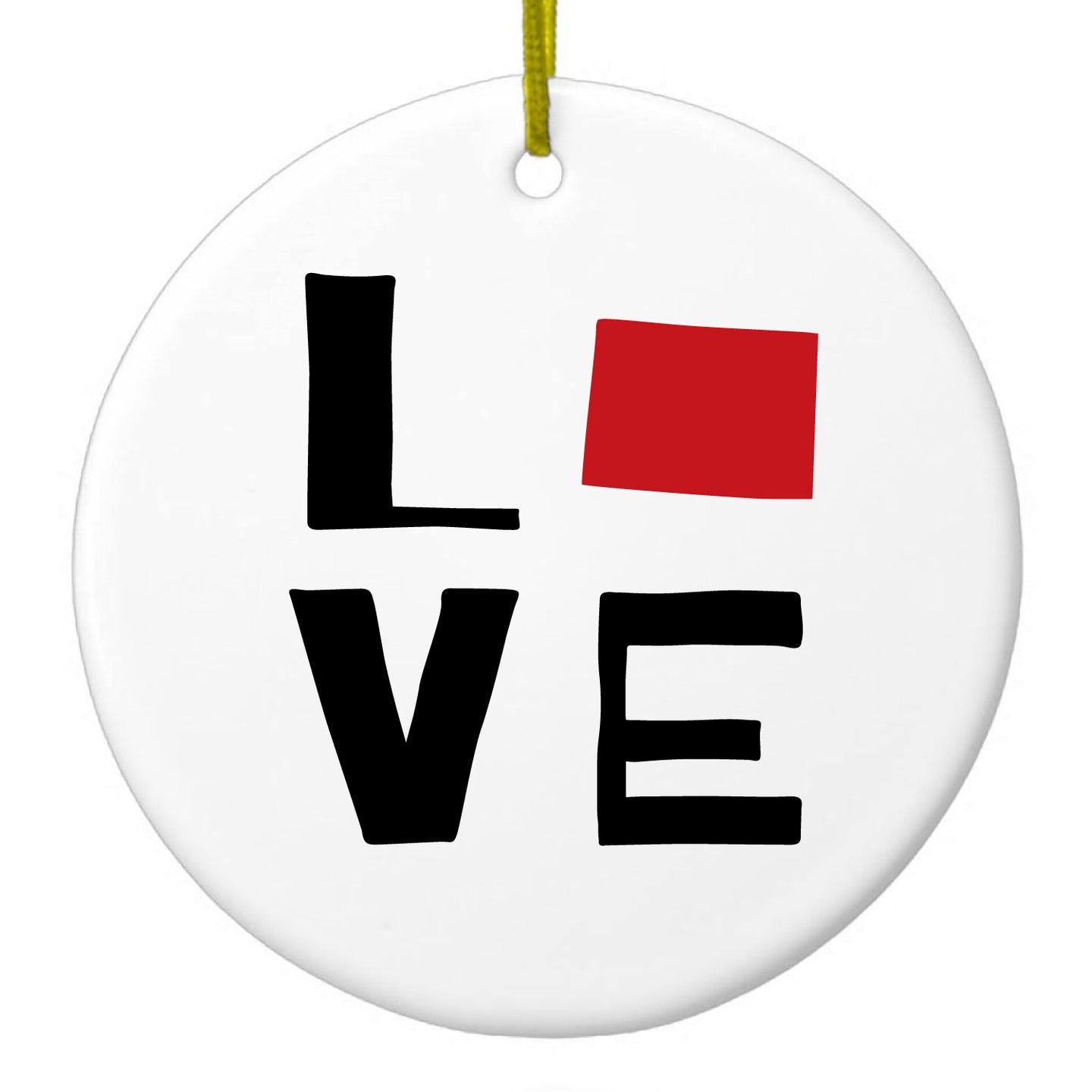 DistinctInk® Hanging Ceramic Christmas Tree Ornament with Gold String - Great Gift / Present - 2 3/4 inch Diameter - Wyoming - Love Black & Red
