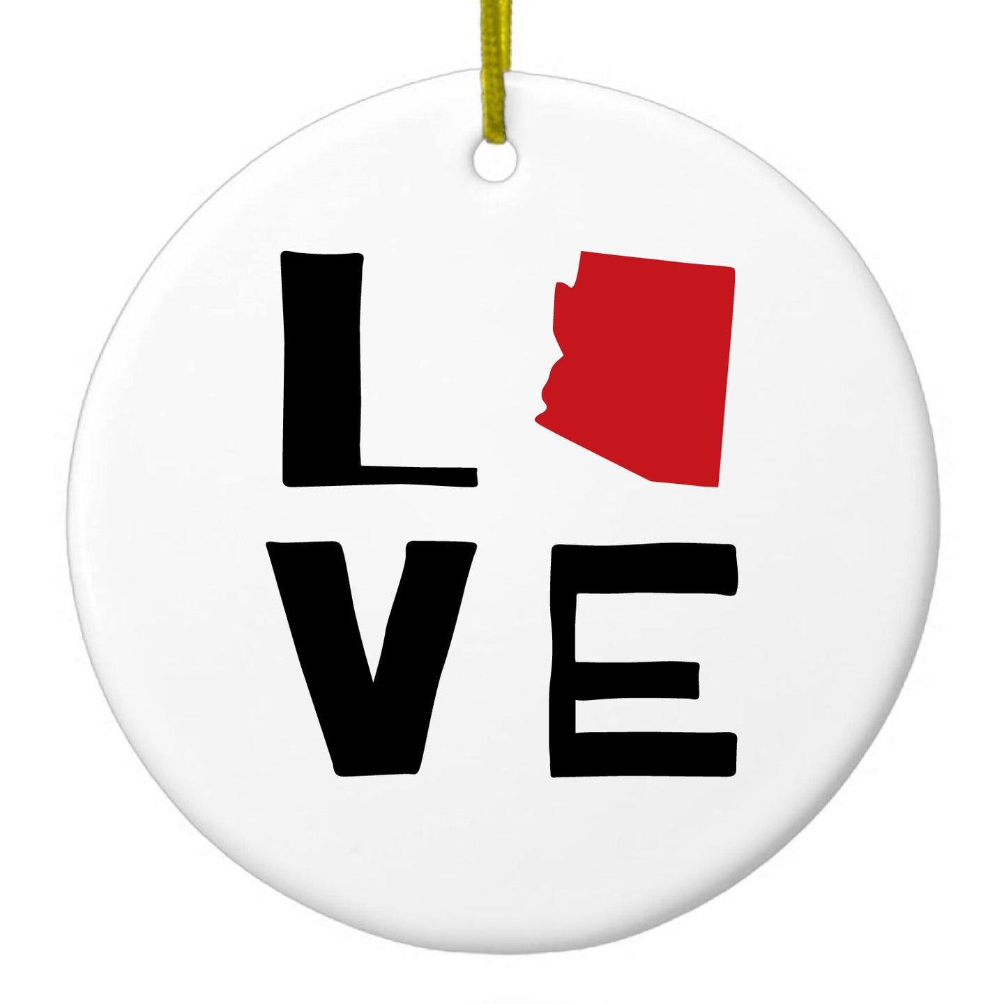 DistinctInk® Hanging Ceramic Christmas Tree Ornament with Gold String - Great Gift / Present - 2 3/4 inch Diameter - Arizona - Love Black & Red
