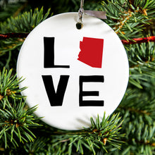 DistinctInk® Hanging Ceramic Christmas Tree Ornament with Gold String - Great Gift / Present - 2 3/4 inch Diameter - Arizona - Love Black & Red