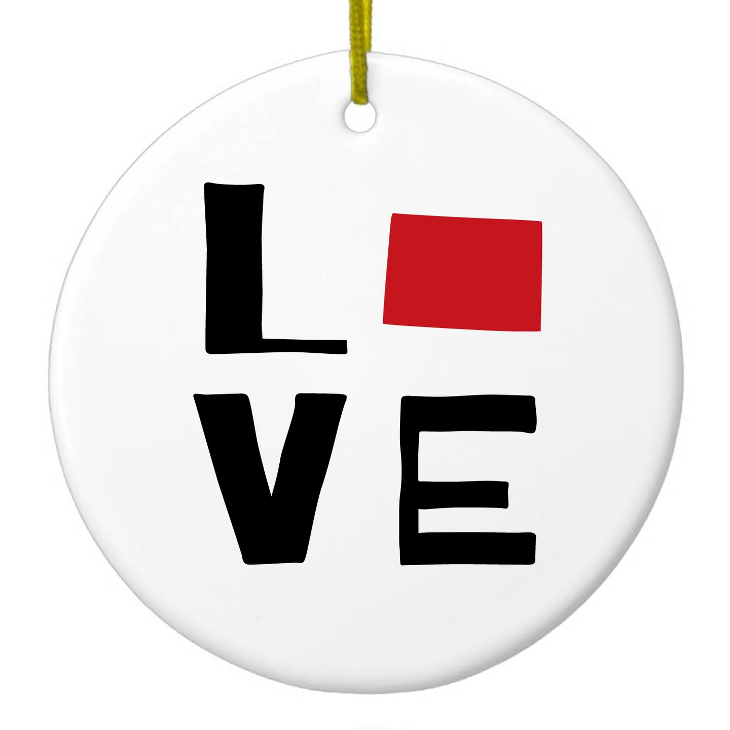 DistinctInk® Hanging Ceramic Christmas Tree Ornament with Gold String - Great Gift / Present - 2 3/4 inch Diameter - Colorado - Love Black & Red