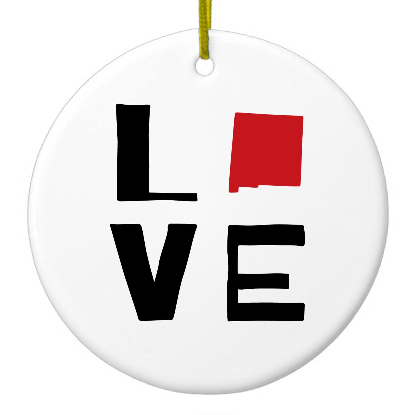 DistinctInk® Hanging Ceramic Christmas Tree Ornament with Gold String - Great Gift / Present - 2 3/4 inch Diameter - New Mexico - Love Black & Red