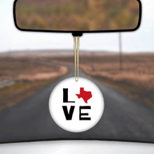 DistinctInk® Hanging Ceramic Christmas Tree Ornament with Gold String - Great Gift / Present - 2 3/4 inch Diameter - Texas - Love Black & Red