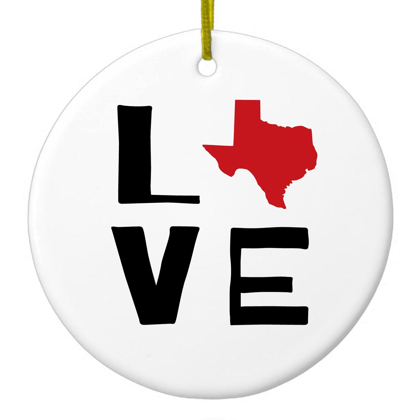 DistinctInk® Hanging Ceramic Christmas Tree Ornament with Gold String - Great Gift / Present - 2 3/4 inch Diameter - Texas - Love Black & Red