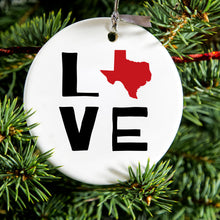 DistinctInk® Hanging Ceramic Christmas Tree Ornament with Gold String - Great Gift / Present - 2 3/4 inch Diameter - Texas - Love Black & Red