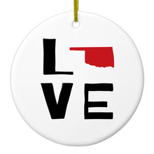 DistinctInk® Hanging Ceramic Christmas Tree Ornament with Gold String - Great Gift / Present - 2 3/4 inch Diameter - Oklahoma - Love Black & Red