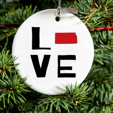 DistinctInk® Hanging Ceramic Christmas Tree Ornament with Gold String - Great Gift / Present - 2 3/4 inch Diameter - Kansas - Love Black & Red