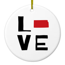 DistinctInk® Hanging Ceramic Christmas Tree Ornament with Gold String - Great Gift / Present - 2 3/4 inch Diameter - Kansas - Love Black & Red