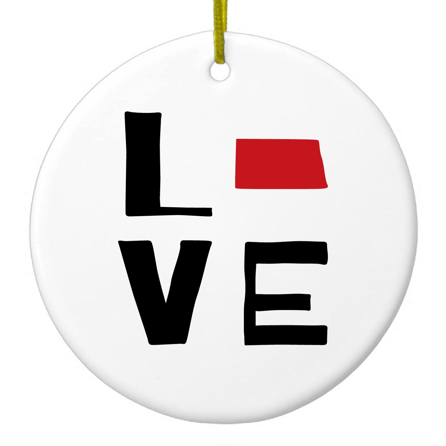 DistinctInk® Hanging Ceramic Christmas Tree Ornament with Gold String - Great Gift / Present - 2 3/4 inch Diameter - North Dakota - Love Black & Red