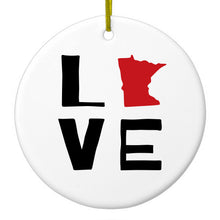 DistinctInk® Hanging Ceramic Christmas Tree Ornament with Gold String - Great Gift / Present - 2 3/4 inch Diameter - Minnesota - Love Black & Red