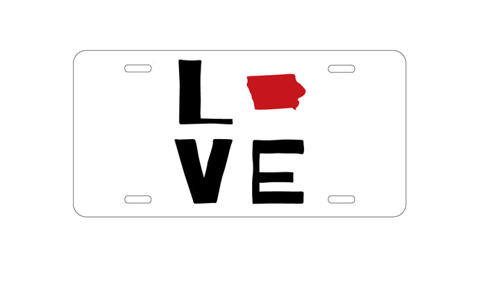 DistinctInk Custom Aluminum Decorative Vanity Front License Plate - Iowa - Love Black & Red