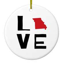 DistinctInk® Hanging Ceramic Christmas Tree Ornament with Gold String - Great Gift / Present - 2 3/4 inch Diameter - Missouri - Love Black & Red