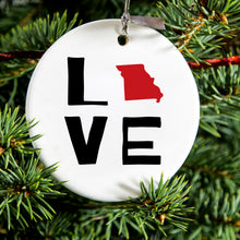 DistinctInk® Hanging Ceramic Christmas Tree Ornament with Gold String - Great Gift / Present - 2 3/4 inch Diameter - Missouri - Love Black & Red