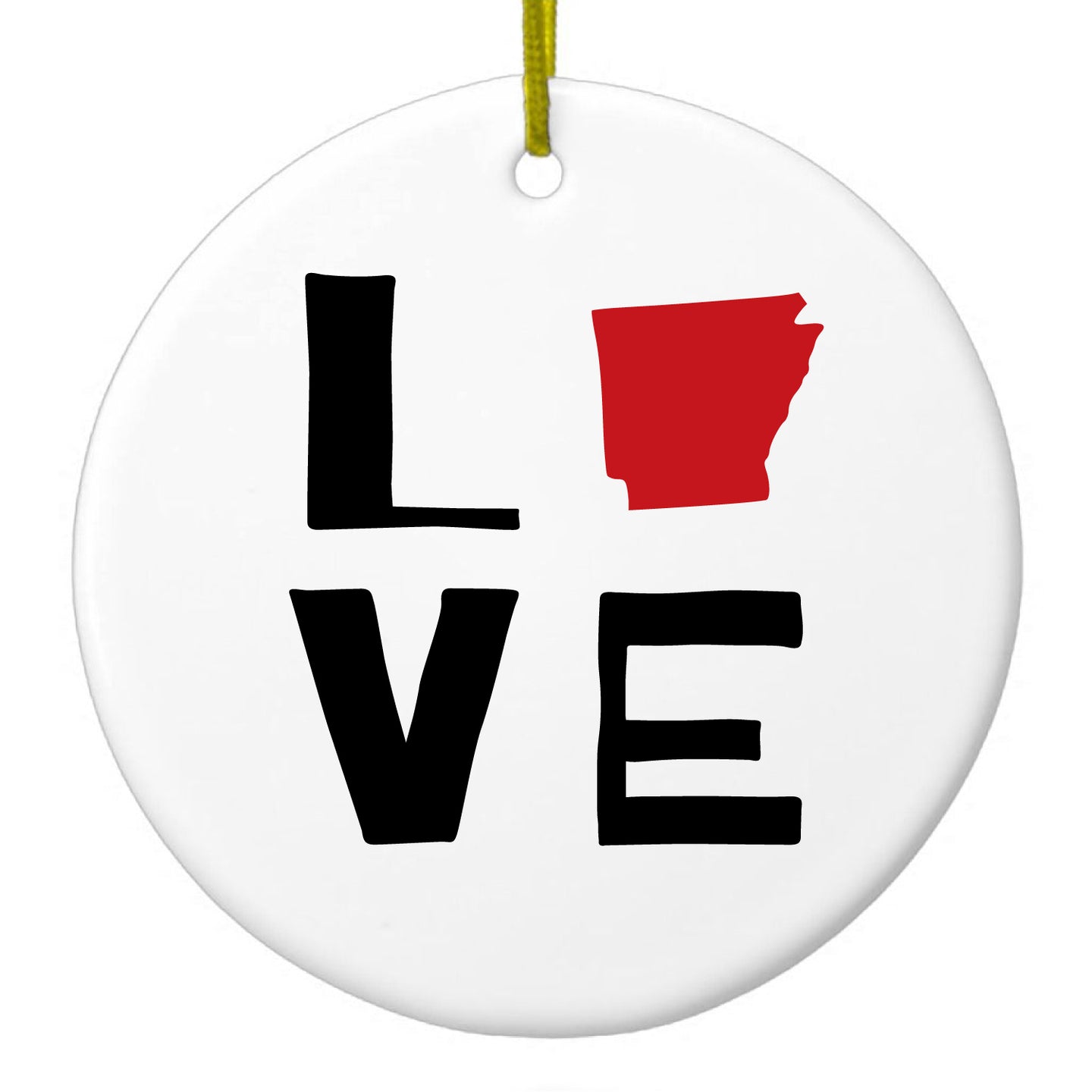 DistinctInk® Hanging Ceramic Christmas Tree Ornament with Gold String - Great Gift / Present - 2 3/4 inch Diameter - Arkansas - Love Black & Red