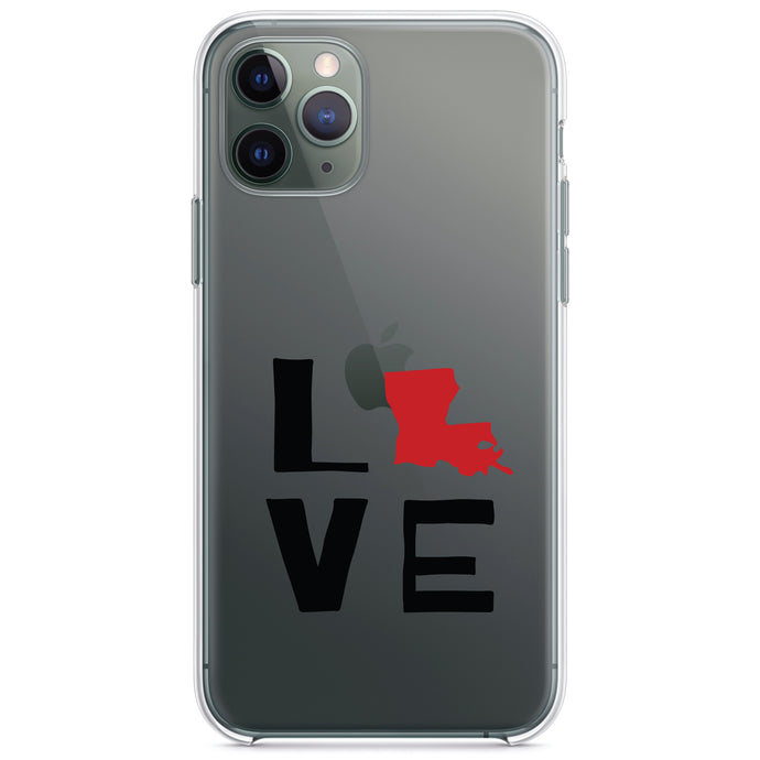 DistinctInk® Clear Shockproof Hybrid Case for Apple iPhone / Samsung Galaxy / Google Pixel - Louisiana - Love Black & Red