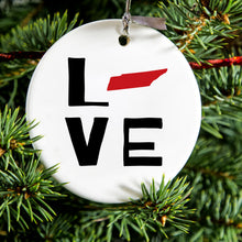 DistinctInk® Hanging Ceramic Christmas Tree Ornament with Gold String - Great Gift / Present - 2 3/4 inch Diameter - Tennessee - Love Black & Red