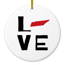 DistinctInk® Hanging Ceramic Christmas Tree Ornament with Gold String - Great Gift / Present - 2 3/4 inch Diameter - Tennessee - Love Black & Red