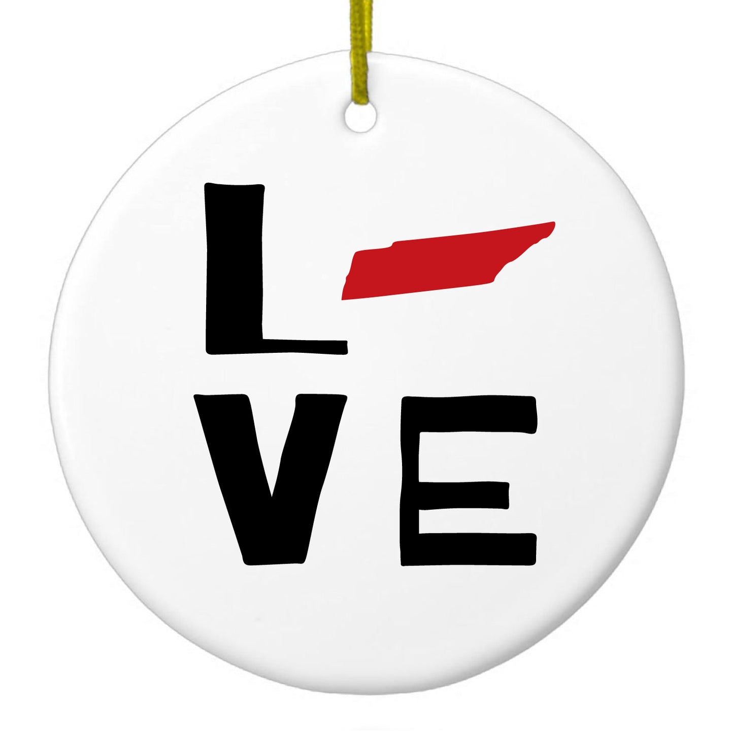 DistinctInk® Hanging Ceramic Christmas Tree Ornament with Gold String - Great Gift / Present - 2 3/4 inch Diameter - Tennessee - Love Black & Red