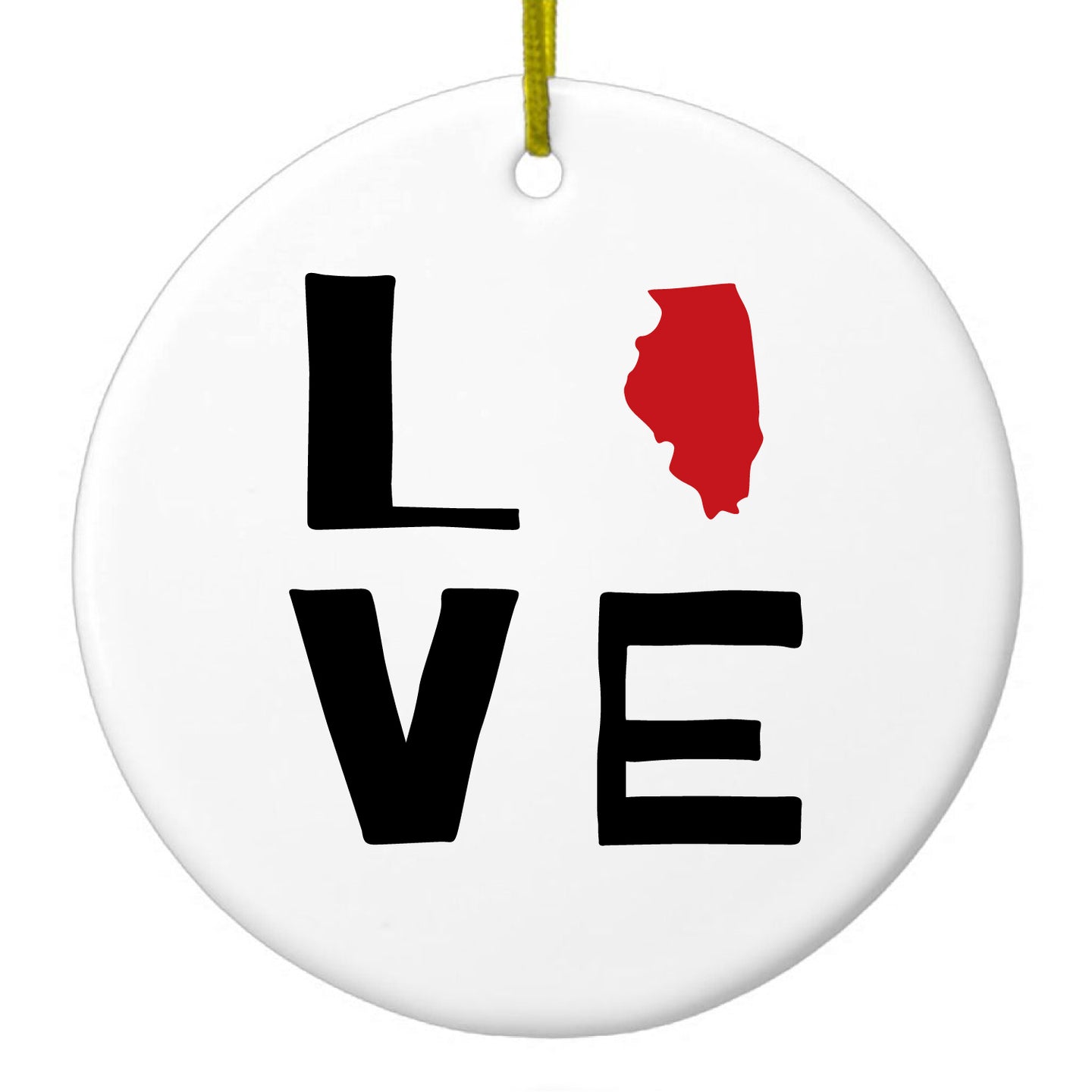 DistinctInk® Hanging Ceramic Christmas Tree Ornament with Gold String - Great Gift / Present - 2 3/4 inch Diameter - Illinois - Love Black & Red
