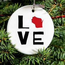 DistinctInk® Hanging Ceramic Christmas Tree Ornament with Gold String - Great Gift / Present - 2 3/4 inch Diameter - Wisconsin - Love Black & Red