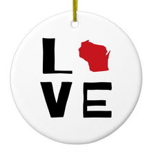 DistinctInk® Hanging Ceramic Christmas Tree Ornament with Gold String - Great Gift / Present - 2 3/4 inch Diameter - Wisconsin - Love Black & Red