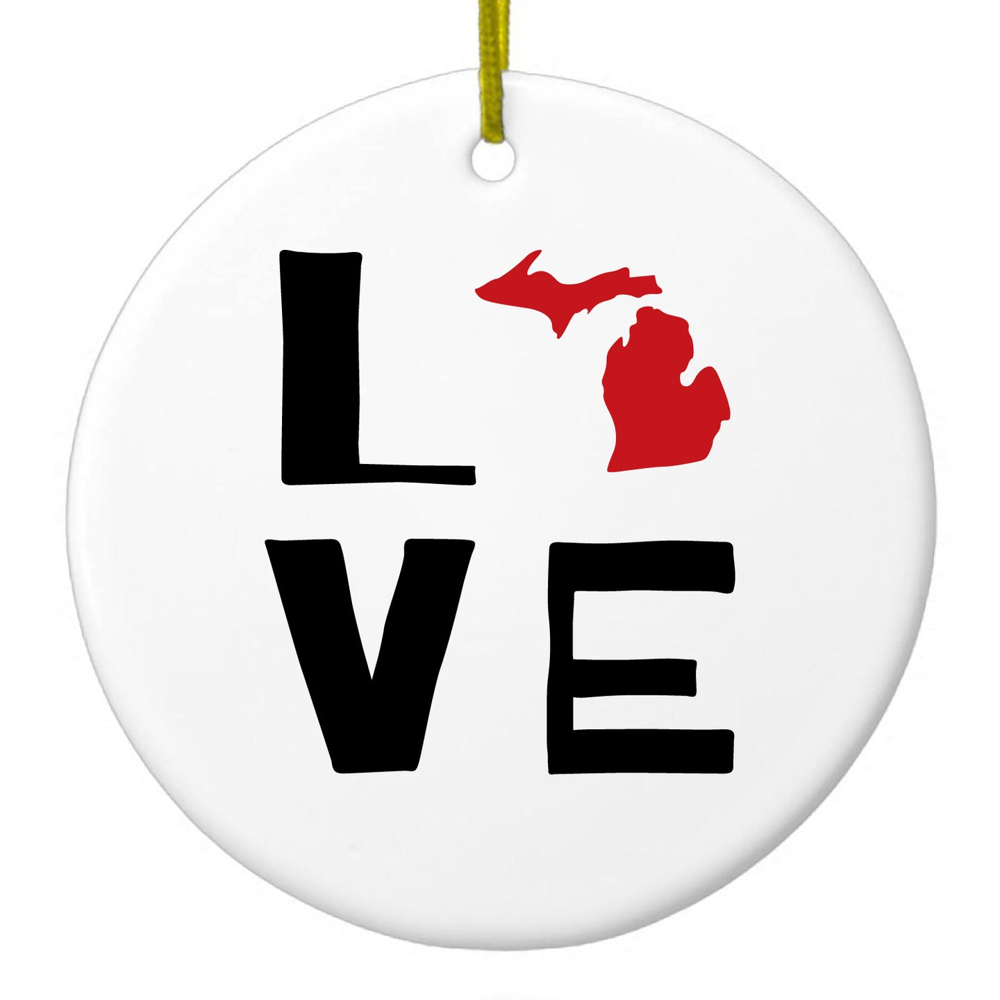 DistinctInk® Hanging Ceramic Christmas Tree Ornament with Gold String - Great Gift / Present - 2 3/4 inch Diameter - Michigan - Love Black & Red