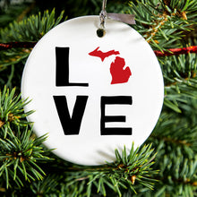 DistinctInk® Hanging Ceramic Christmas Tree Ornament with Gold String - Great Gift / Present - 2 3/4 inch Diameter - Michigan - Love Black & Red