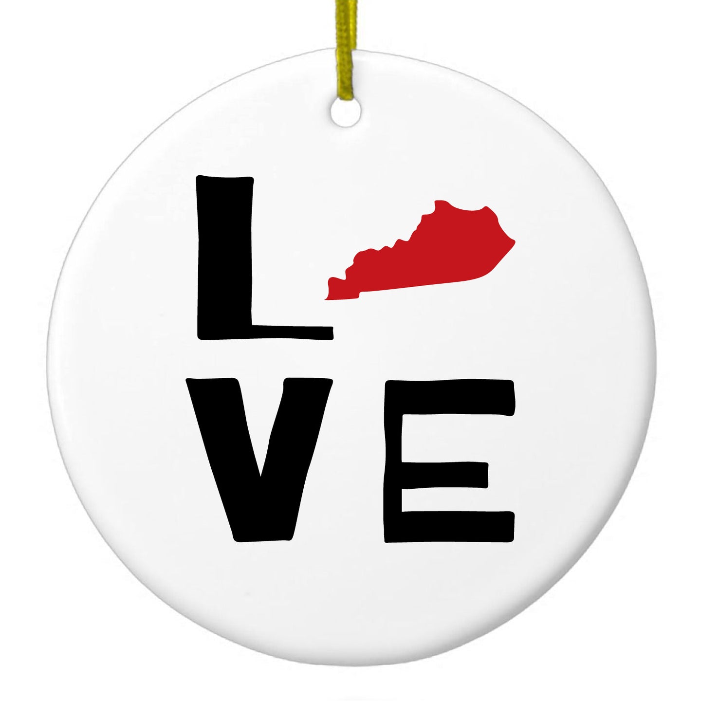 DistinctInk® Hanging Ceramic Christmas Tree Ornament with Gold String - Great Gift / Present - 2 3/4 inch Diameter - Kentucky - Love Black & Red