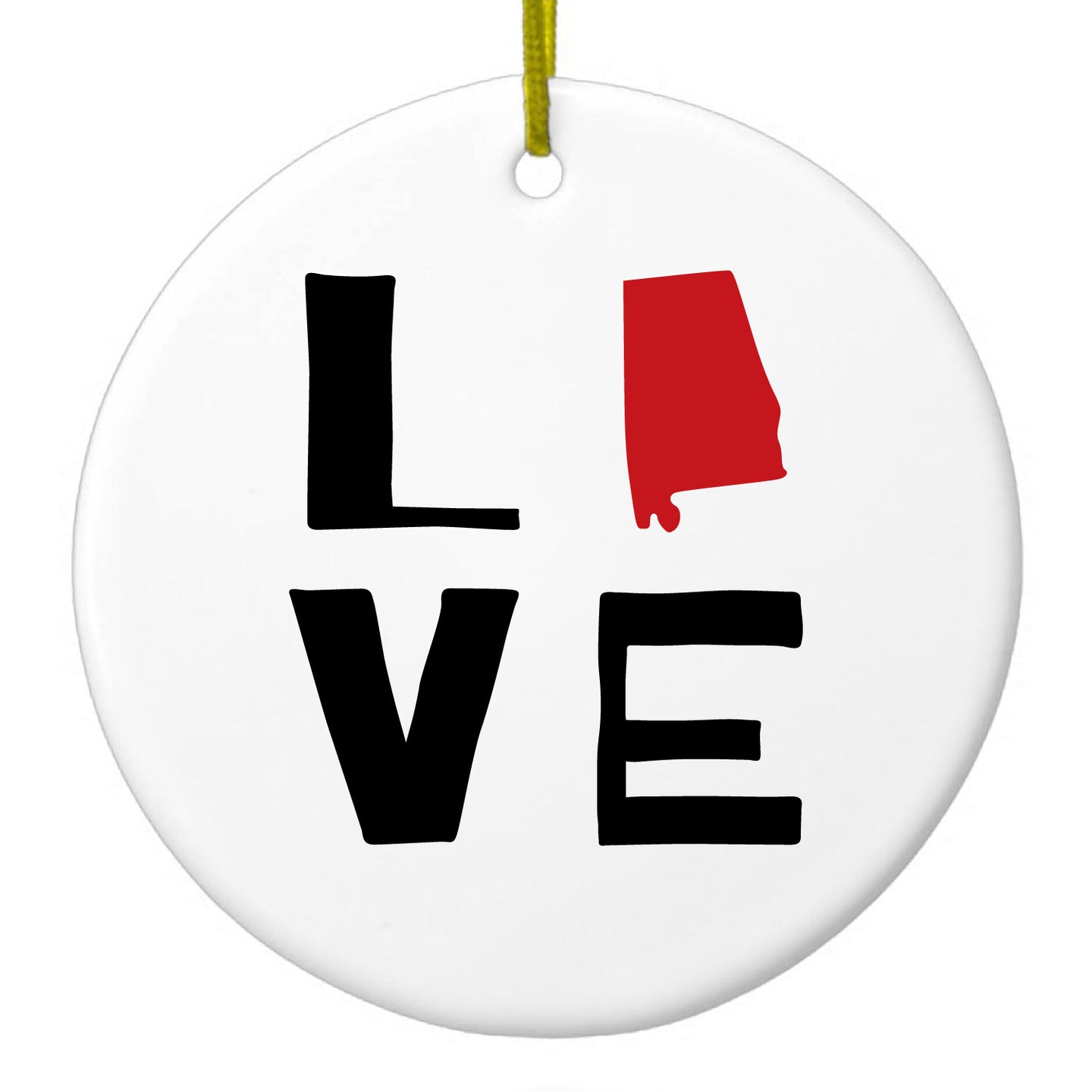 DistinctInk® Hanging Ceramic Christmas Tree Ornament with Gold String - Great Gift / Present - 2 3/4 inch Diameter - Alabama - Love Black & Red