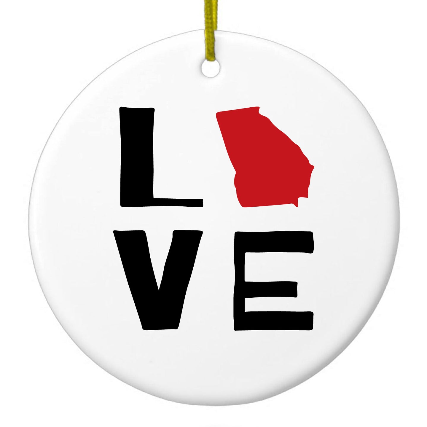 DistinctInk® Hanging Ceramic Christmas Tree Ornament with Gold String - Great Gift / Present - 2 3/4 inch Diameter - Georgia - Love Black & Red