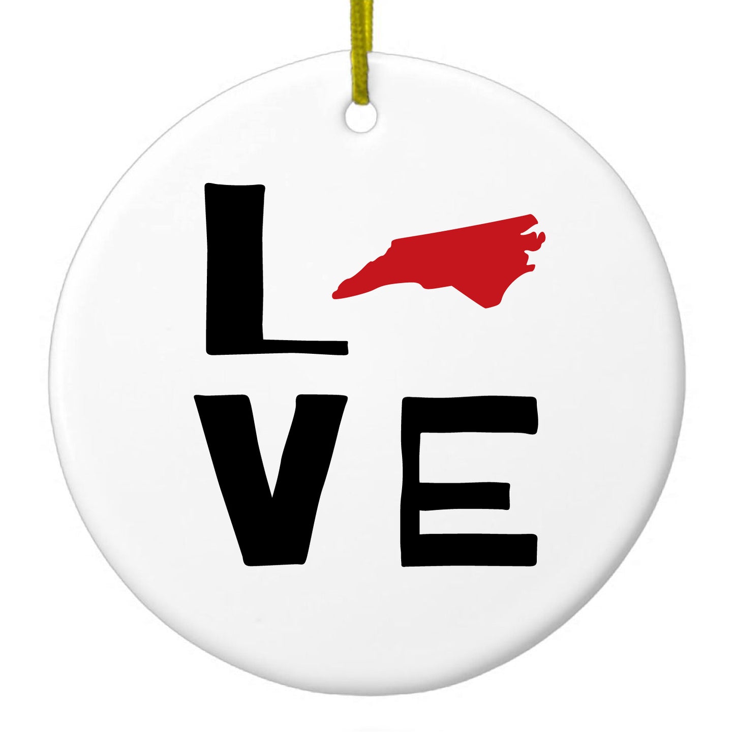 DistinctInk® Hanging Ceramic Christmas Tree Ornament with Gold String - Great Gift / Present - 2 3/4 inch Diameter - North Carolina - Love Black & Red