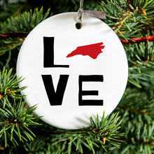 DistinctInk® Hanging Ceramic Christmas Tree Ornament with Gold String - Great Gift / Present - 2 3/4 inch Diameter - North Carolina - Love Black & Red
