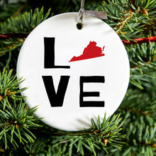 DistinctInk® Hanging Ceramic Christmas Tree Ornament with Gold String - Great Gift / Present - 2 3/4 inch Diameter - Virginia - Love Black & Red