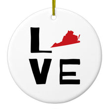 DistinctInk® Hanging Ceramic Christmas Tree Ornament with Gold String - Great Gift / Present - 2 3/4 inch Diameter - Virginia - Love Black & Red